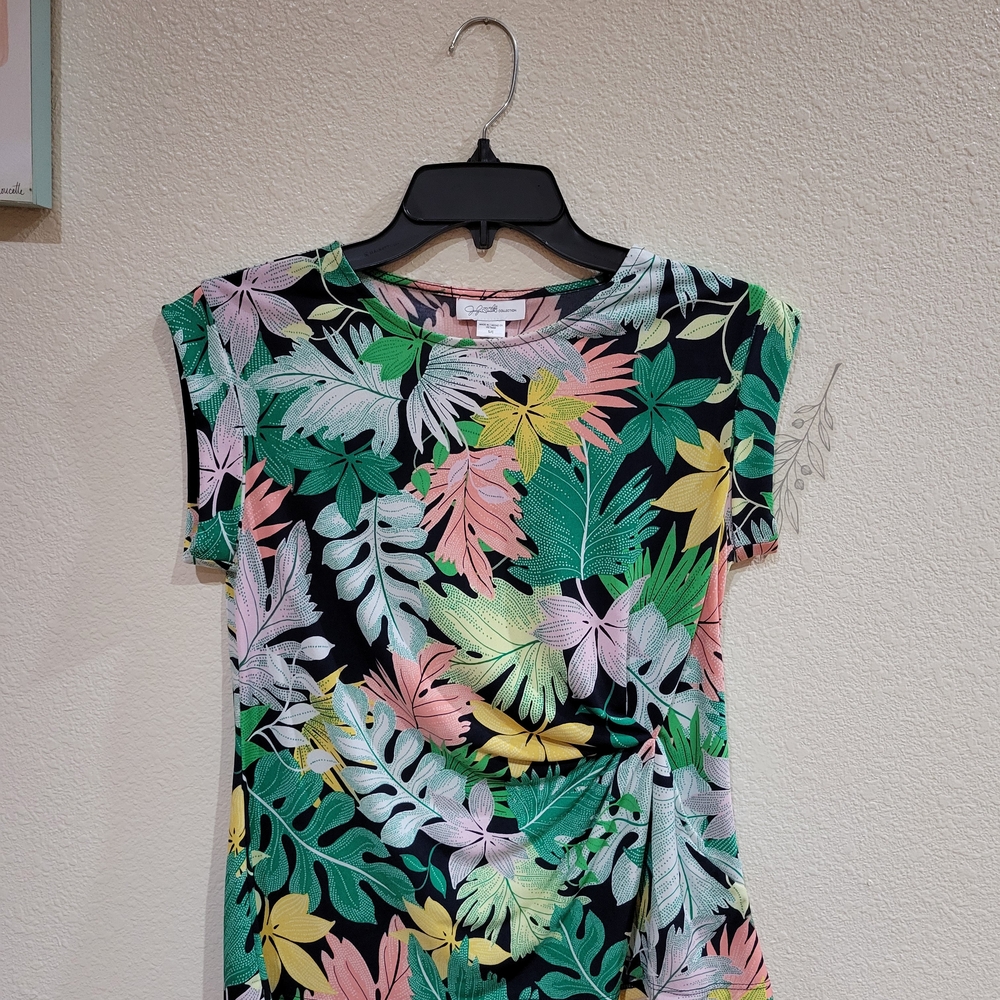 Jaclyn Smith Multicolor Leaf Print Tropical Short Sleeve Top SIZE S